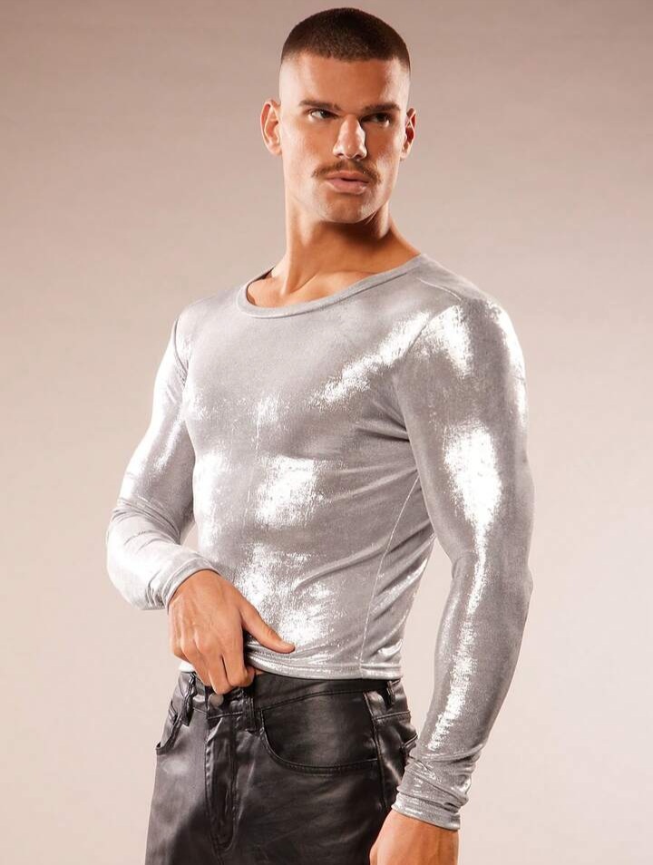 Men's Shiny Silver Crew Neck Long Sleeve T-shirt
